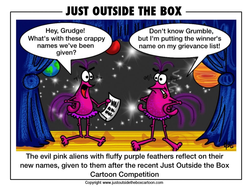 Evil pink aliens discussing the latest naming competition